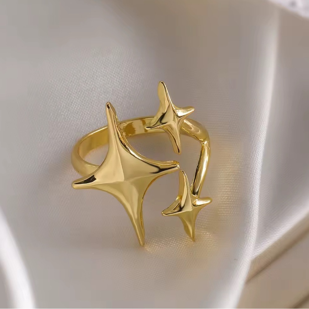 18K Gold Bohemian Starburst Star Open Ring No Fade Minimalist Adjustable